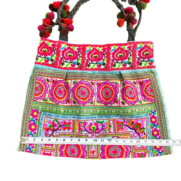 Boho Embroidery Multi-Color Flowers Weekender Hobo Tote Pom-Poms Inside Zip #02 - Picture 3 of 15